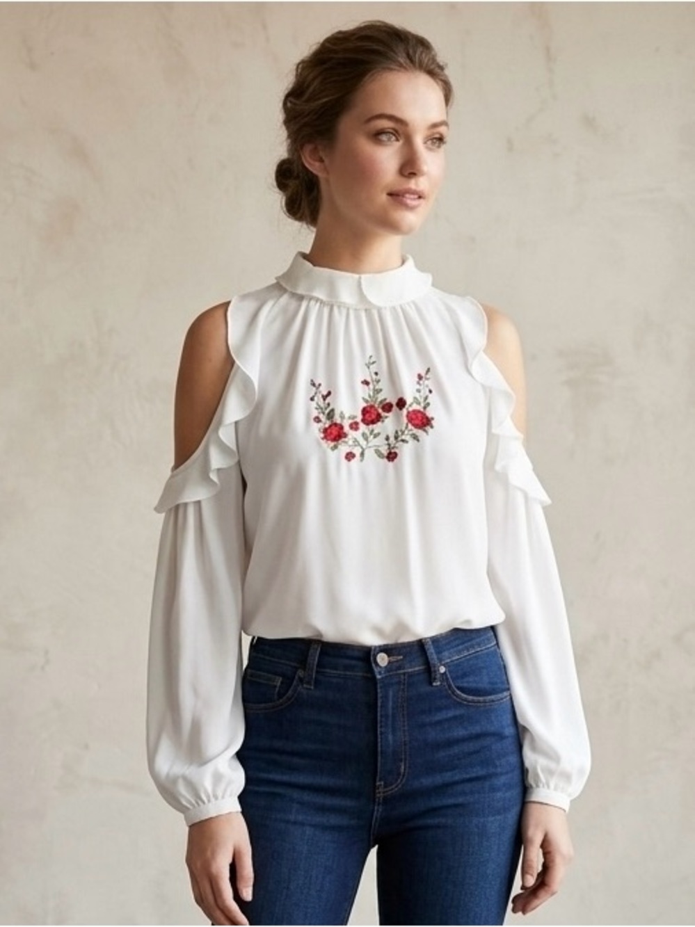 Miss Lili White Cold-Shoulder Blouse with Red Floral Embroidery